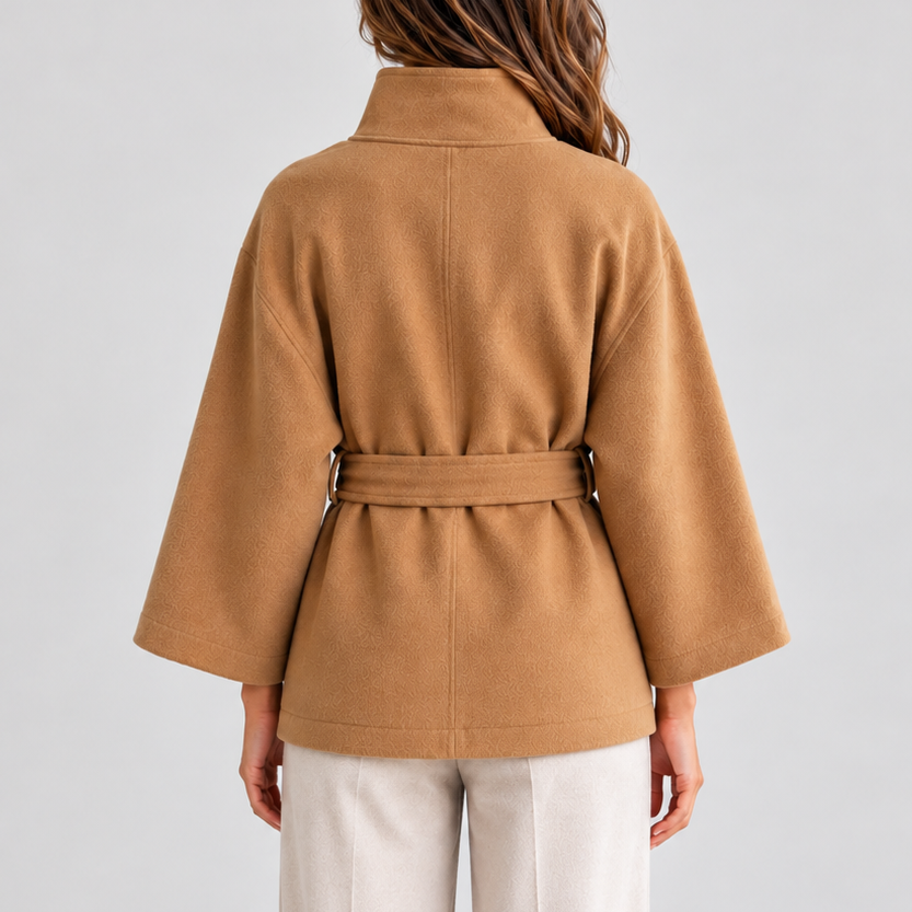 Cape Jacket Camel Belted Women's Wool-Blend Stand Collar – Casual, Office, Holiday, Gift