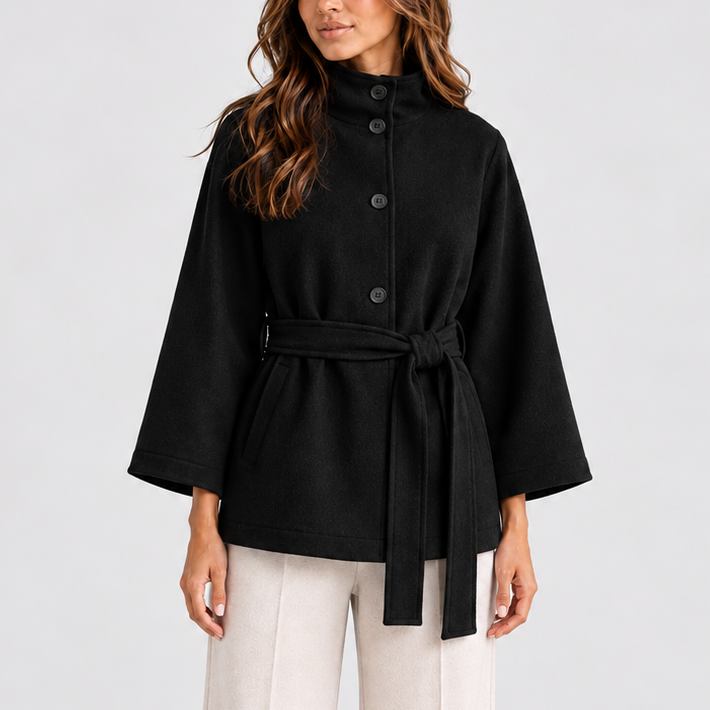 Cape Jacket Camel Belted Women's Wool-Blend Stand Collar – Casual, Office, Holiday, Gift