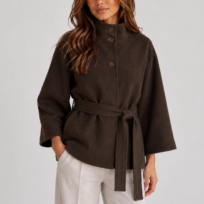Cape Jacket Camel Belted Women's Wool-Blend Stand Collar – Casual, Office, Holiday, Gift