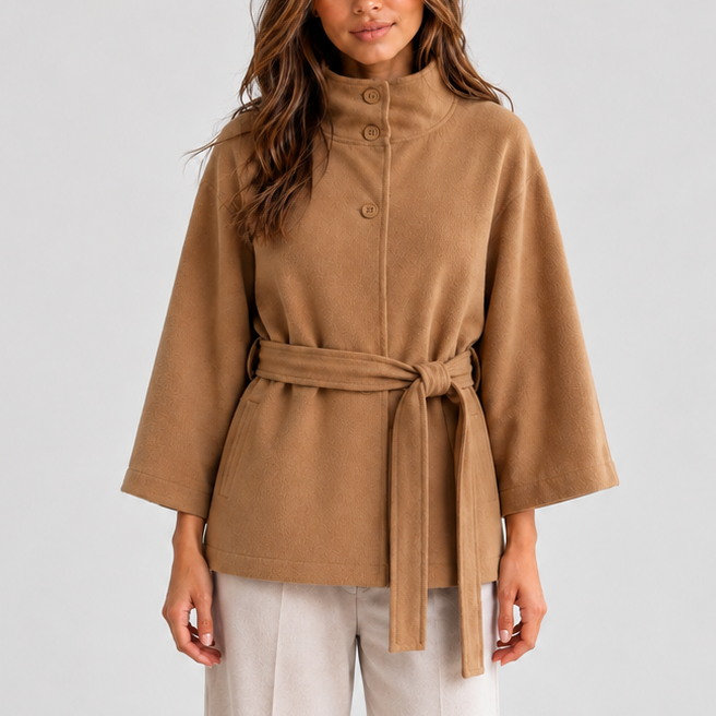 Cape Jacket Camel Belted Women's Wool-Blend Stand Collar – Casual, Office, Holiday, Gift