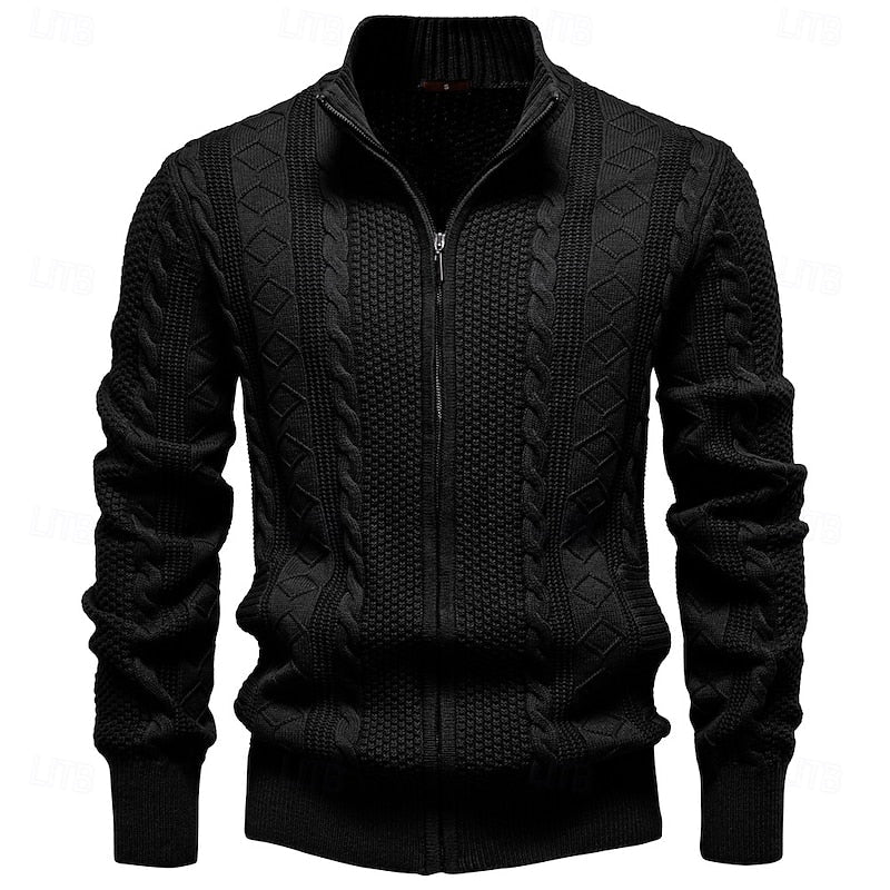 Cardigan Cable-Knit Grey Men's Full-Zip Sweater Stand Collar – Casual, Office · Werune