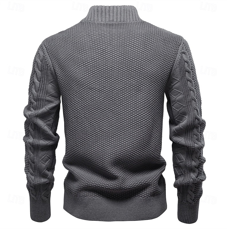 Cardigan Cable-Knit Grey Men's Full-Zip Sweater Stand Collar – Casual, Office · Werune