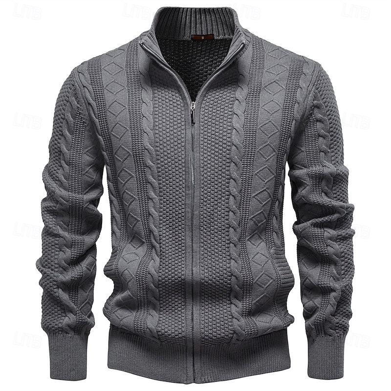 Cardigan Cable-Knit Grey Men's Full-Zip Sweater Stand Collar – Casual, Office · Werune