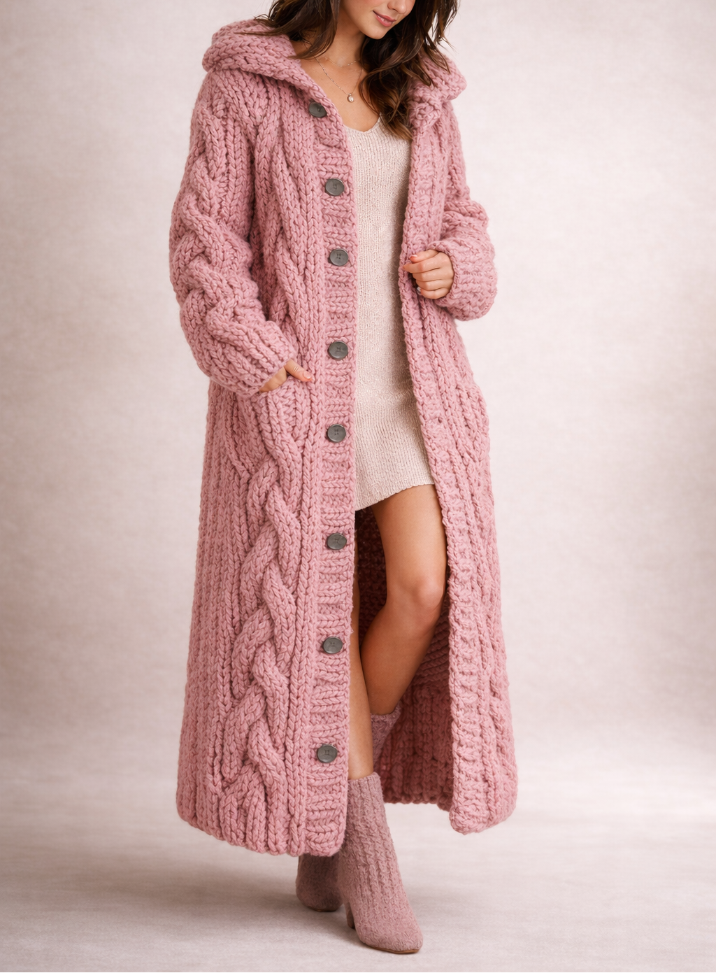 Cardigan Chunky Cable Knit Longline Women's Grey Hooded Button-Up – Casual, Winter Gift
