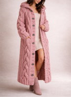 Cardigan Chunky Cable Knit Longline Women's Grey Hooded Button-Up – Casual, Winter Gift