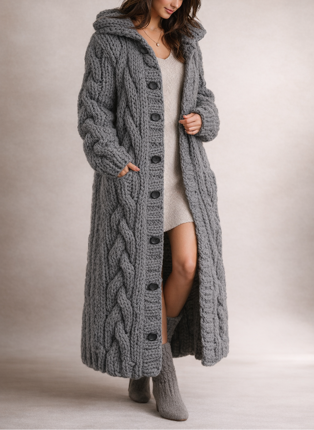 Cardigan Chunky Cable Knit Longline Women's Grey Hooded Button-Up – Casual, Winter Gift