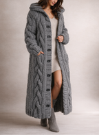 Cardigan Chunky Cable Knit Longline Women's Grey Hooded Button-Up – Casual, Winter Gift