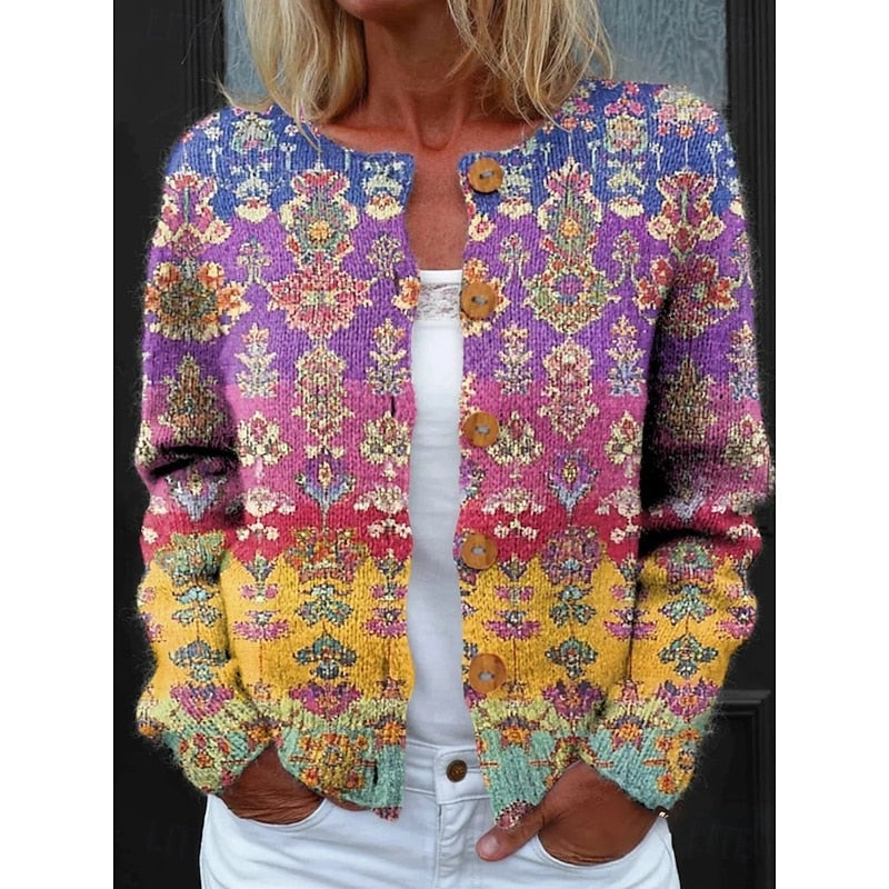 Cardigan Floral Print Button-Front Women's Long Sleeve Knit – Casual, Office, Holiday, Gift