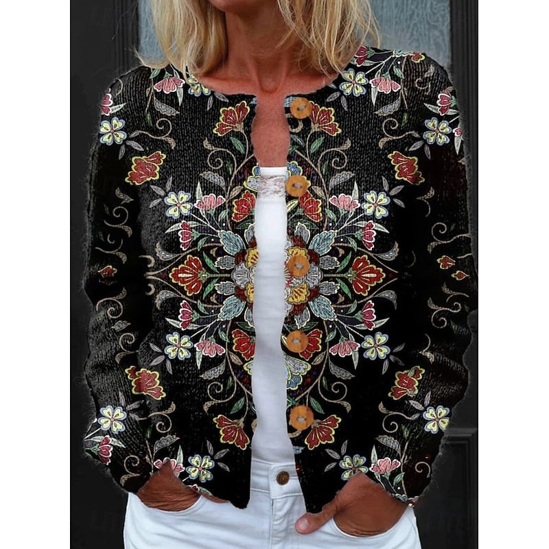 Cardigan Floral Print Button-Front Women's Long Sleeve Knit – Casual, Office, Holiday, Gift