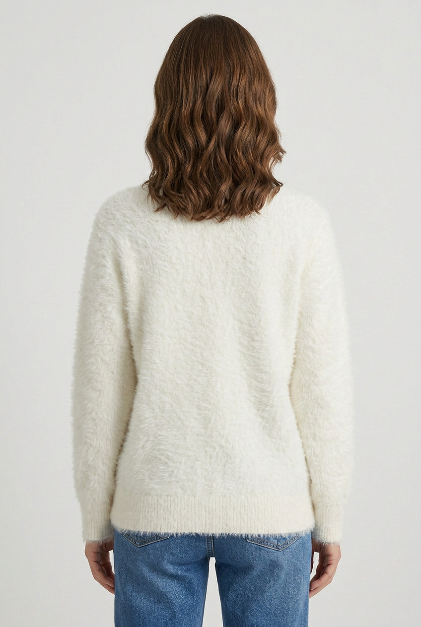 Cardigan Fluffy Knit Ivory Women's V Neck Button Down – Casual, Office, Holiday, Gift
