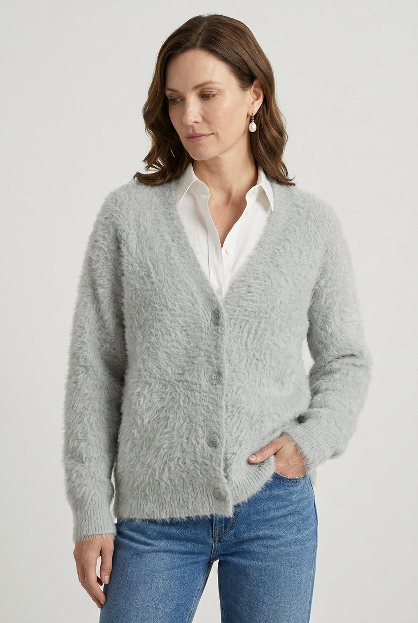 Cardigan Fluffy Knit Ivory Women's V Neck Button Down – Casual, Office, Holiday, Gift