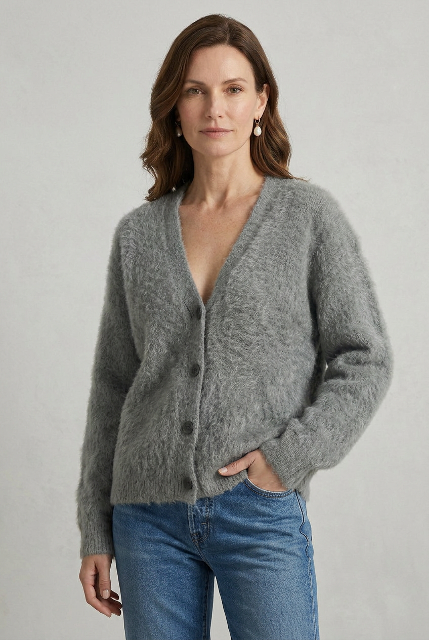 Cardigan Fluffy Knit Ivory Women's V Neck Button Down – Casual, Office, Holiday, Gift