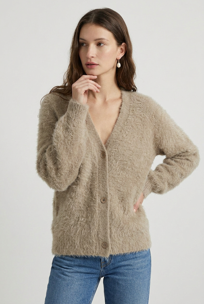 Cardigan Fluffy Knit Ivory Women's V Neck Button Down – Casual, Office, Holiday, Gift