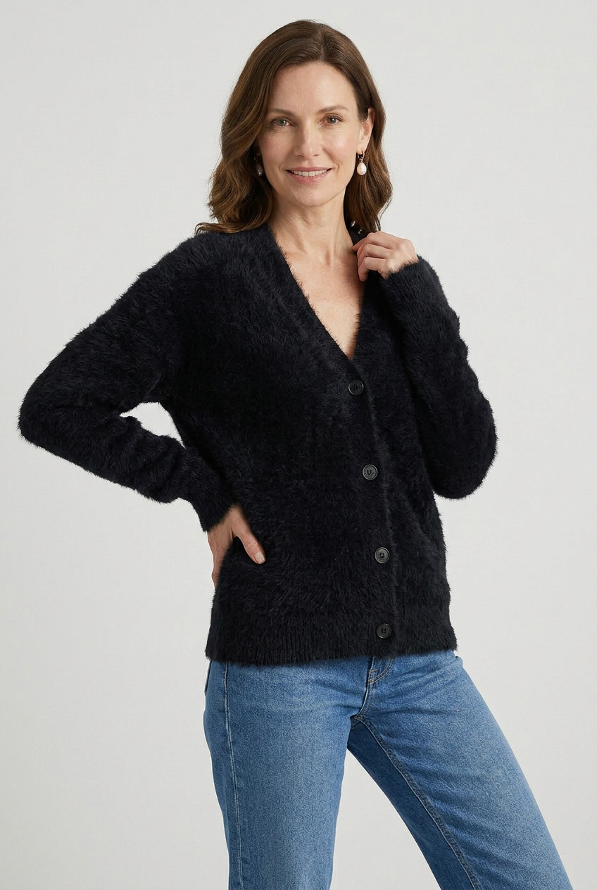 Cardigan Fluffy Knit Ivory Women's V Neck Button Down – Casual, Office, Holiday, Gift