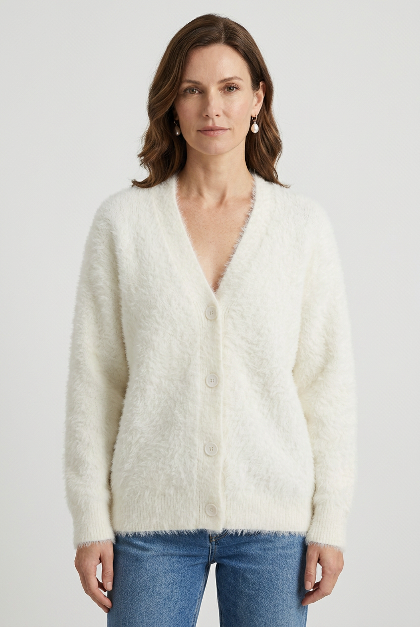 Cardigan Fluffy Knit Ivory Women's V Neck Button Down – Casual, Office, Holiday, Gift
