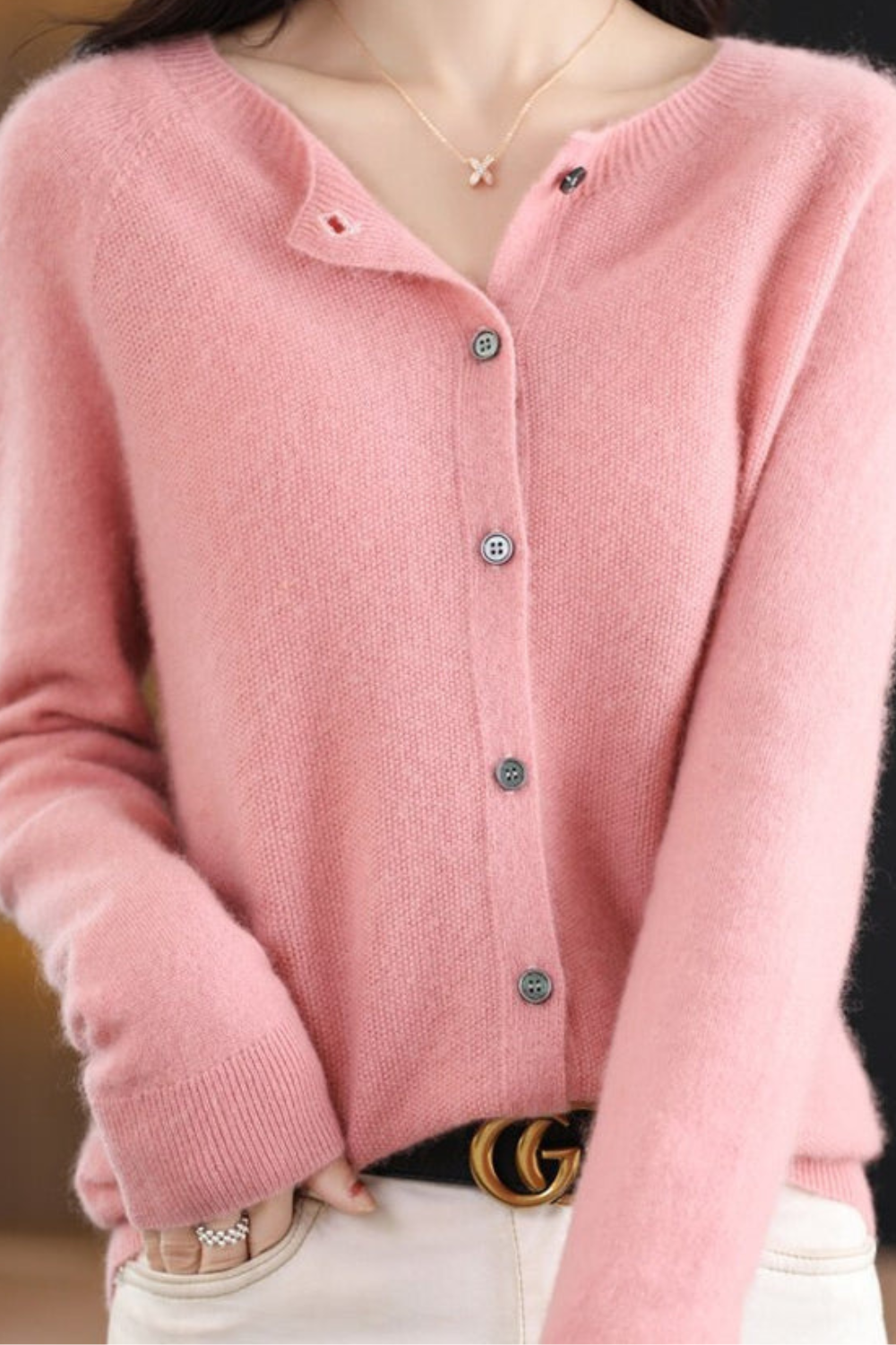 Cardigan Knit Coral Pink Women's Button-Up Crew Neck – Casual, Office, Layering, Gift