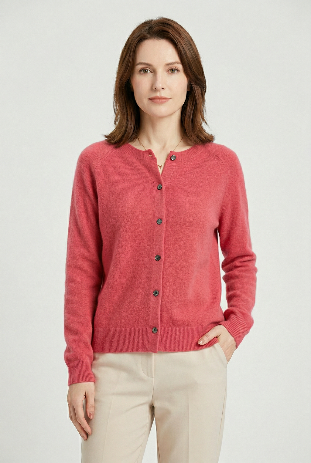 Cardigan Knit Coral Pink Women's Button-Up Crew Neck – Casual, Office, Layering, Gift