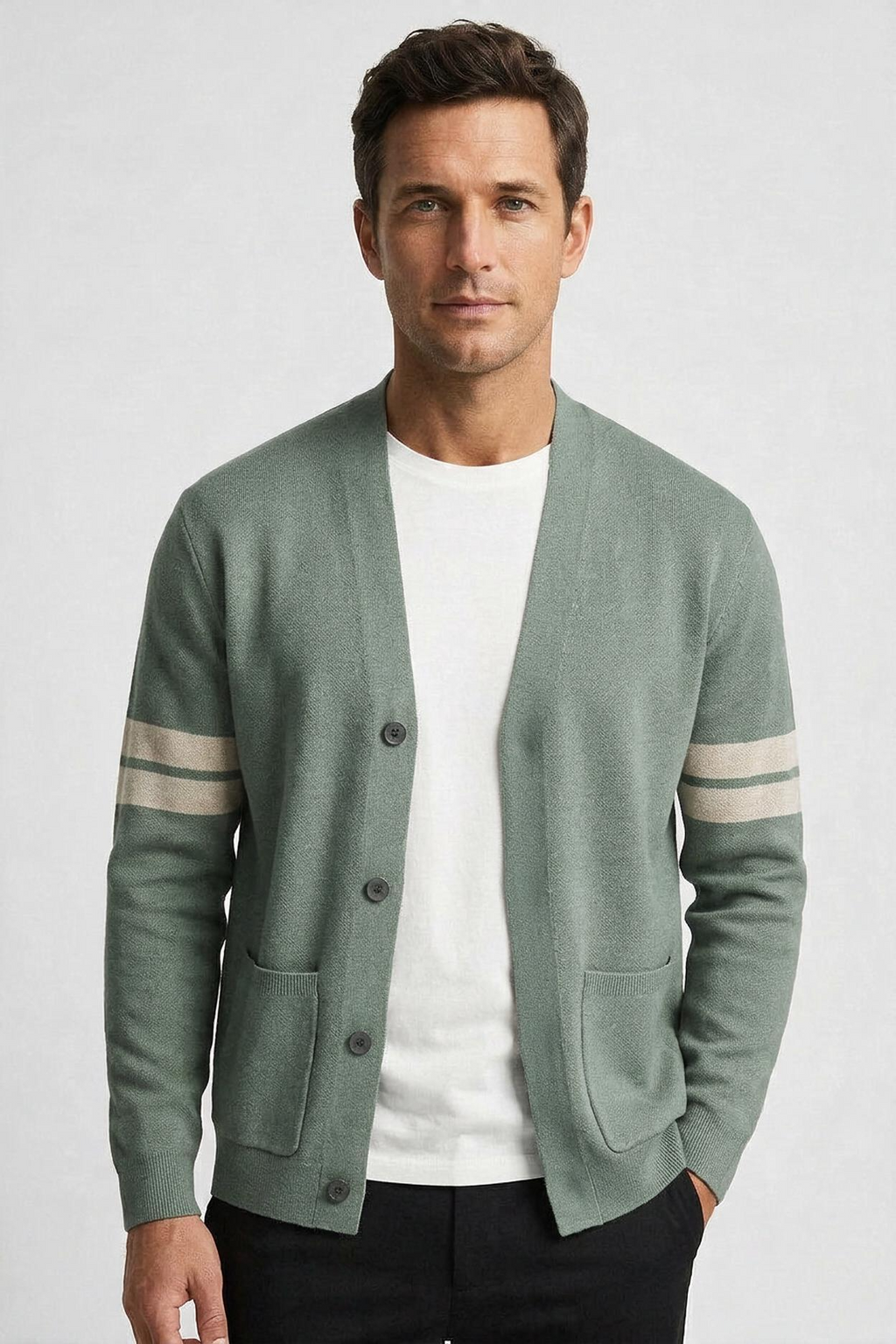 Cardigan Knit Sage Green Men's Button-Up Sweater with Front Pockets – Casual, Office, Layering, Gift