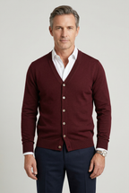 Cardigan Knitted Burgundy Men's V-Neck Button-Up – Casual, Office, Smart Layering, Gift