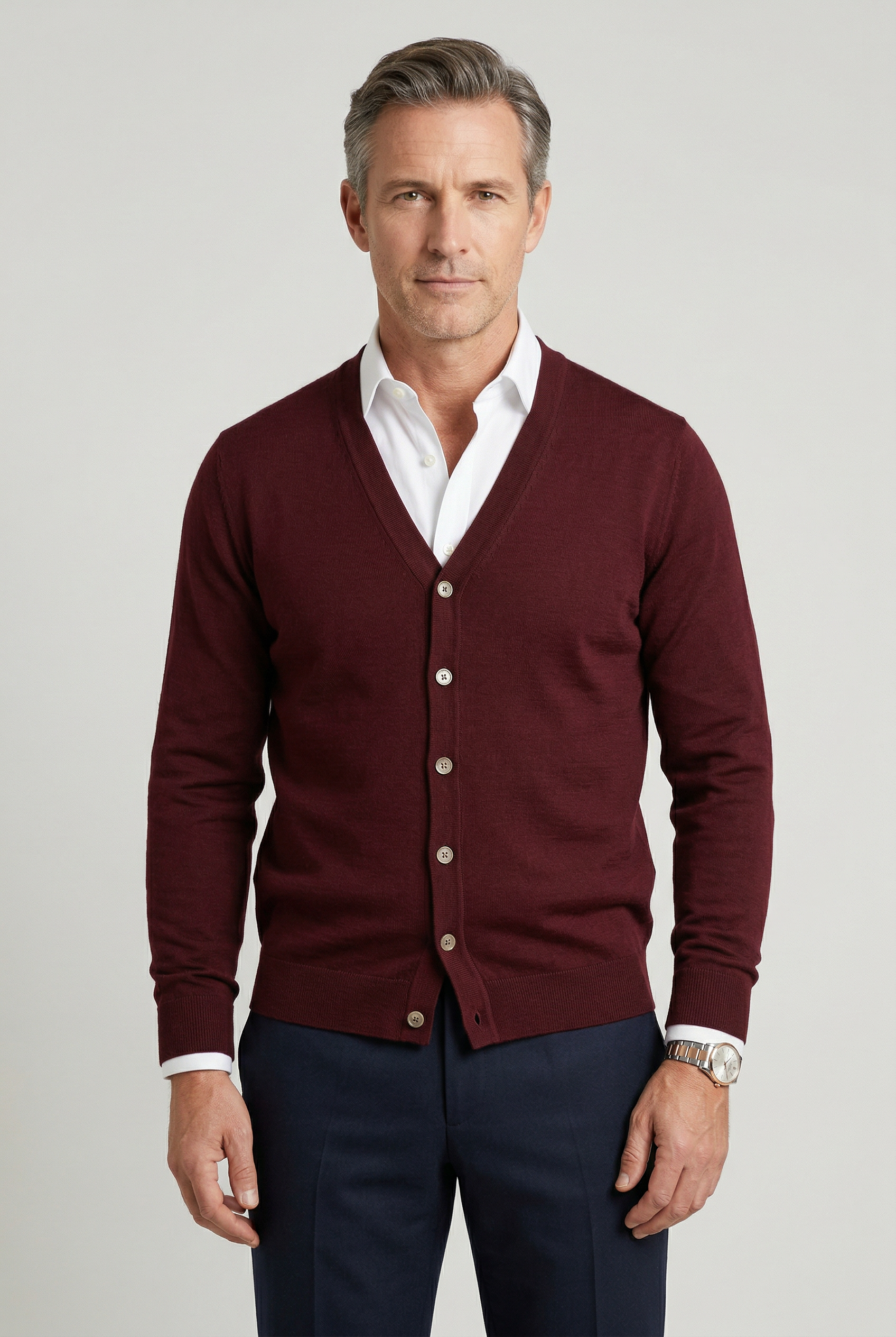 Cardigan Knitted Burgundy Men's V-Neck Button-Up – Casual, Office, Smart Layering, Gift