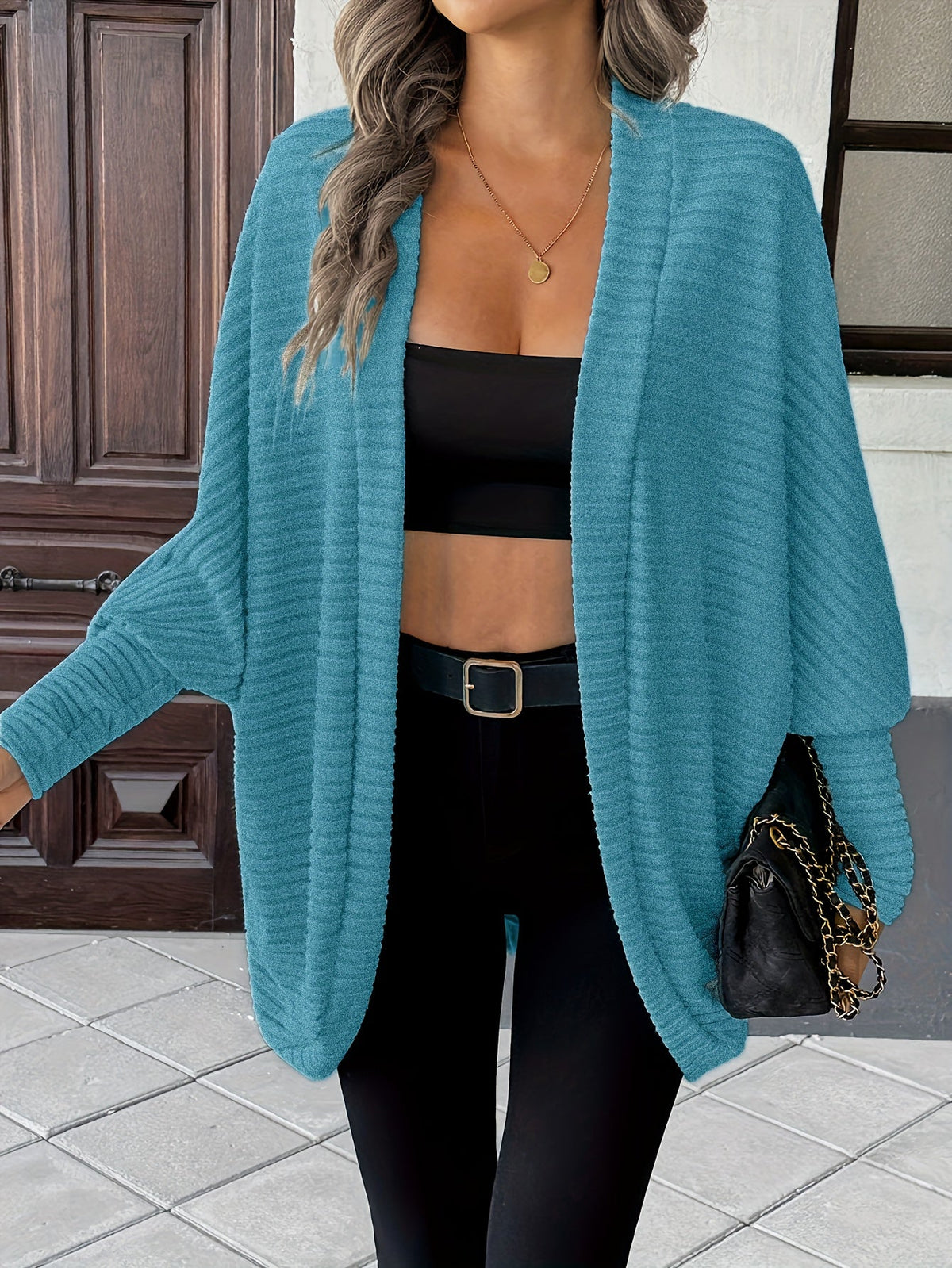 Cardigan Open-Front Ribbed Knit Women's Batwing Sleeve – Casual, Office, Everyday Layering