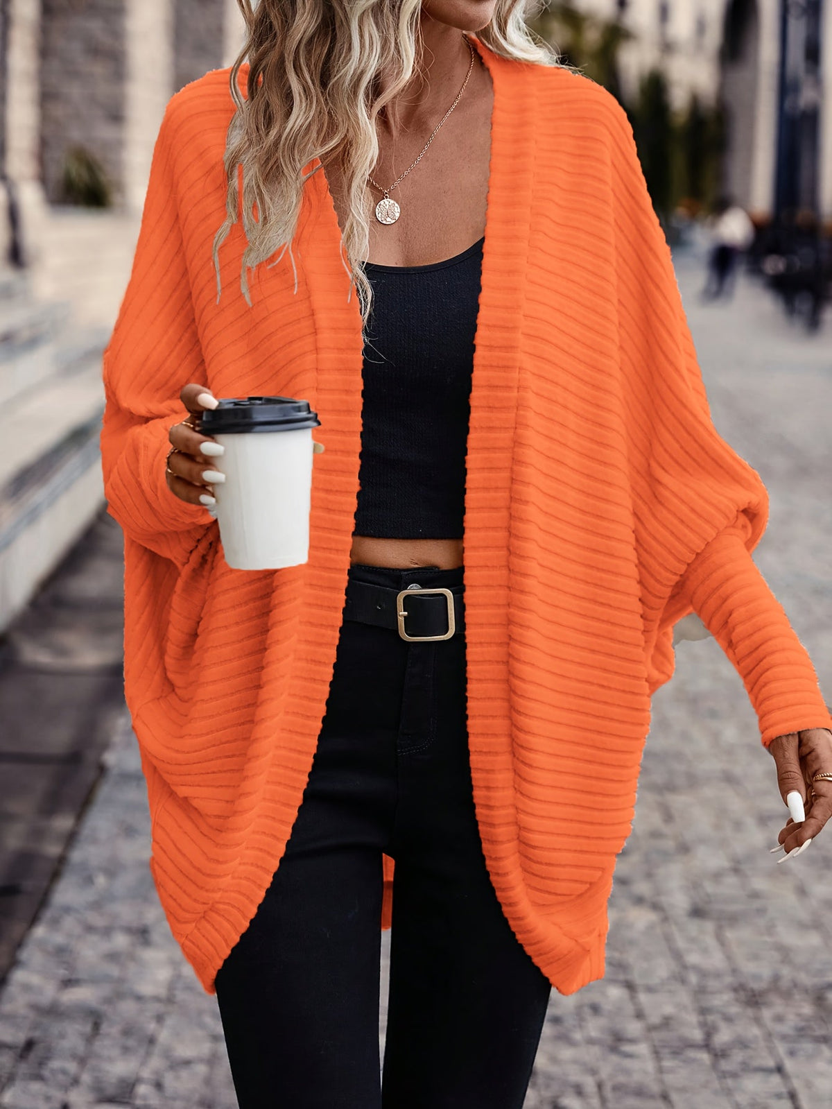 Cardigan Open-Front Ribbed Knit Women's Batwing Sleeve – Casual, Office, Everyday Layering