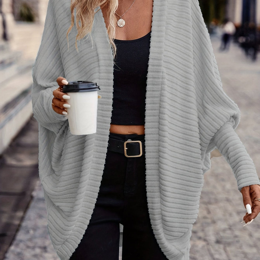 Cardigan Open-Front Ribbed Knit Women's Batwing Sleeve – Casual, Office, Everyday Layering