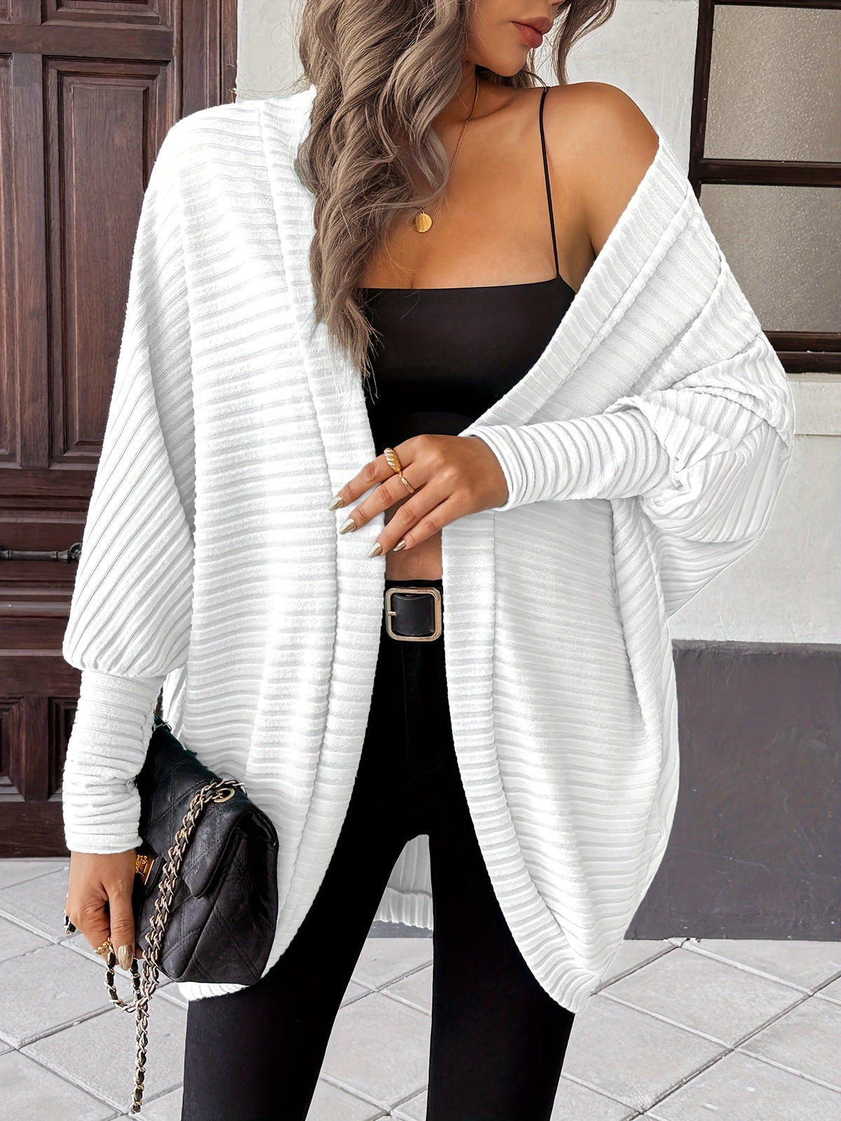 Cardigan Open-Front Ribbed Knit Women's Batwing Sleeve – Casual, Office, Everyday Layering