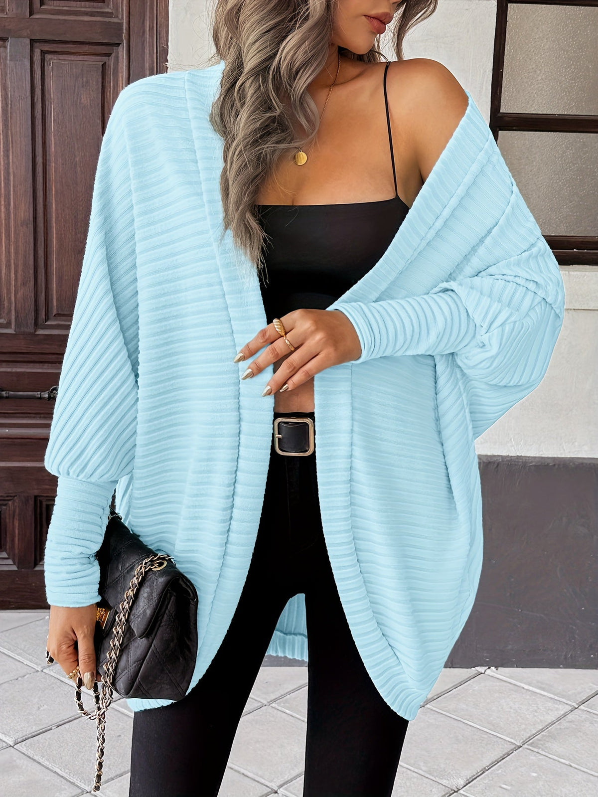 Cardigan Open-Front Ribbed Knit Women's Batwing Sleeve – Casual, Office, Everyday Layering