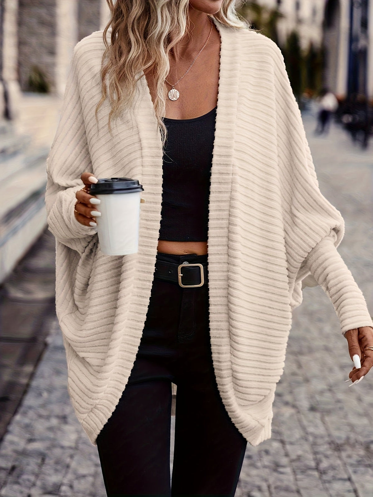 Cardigan Open-Front Ribbed Knit Women's Batwing Sleeve – Casual, Office, Everyday Layering