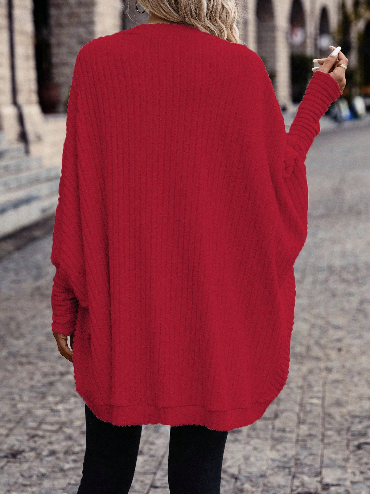 Cardigan Open-Front Ribbed Knit Women's Batwing Sleeve – Casual, Office, Everyday Layering