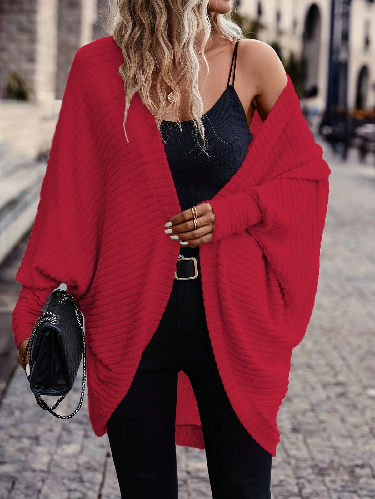 Cardigan Open-Front Ribbed Knit Women's Batwing Sleeve – Casual, Office, Everyday Layering