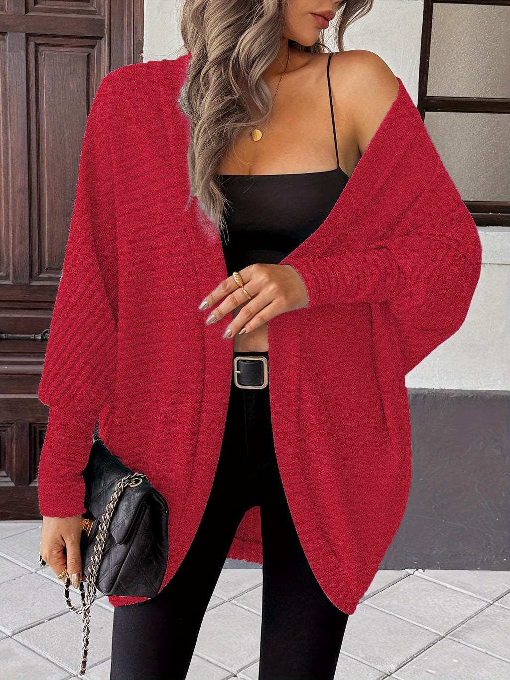 Cardigan Open-Front Ribbed Knit Women's Batwing Sleeve – Casual, Office, Everyday Layering