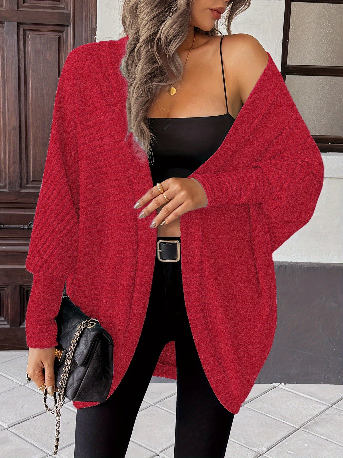 Cardigan Open-Front Ribbed Knit Women's Batwing Sleeve – Casual, Office, Everyday Layering