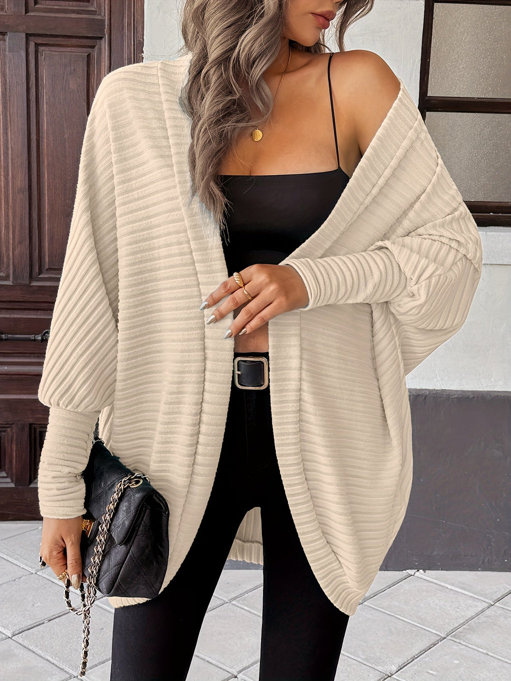 Cardigan Open-Front Ribbed Knit Women's Batwing Sleeve – Casual, Office, Everyday Layering