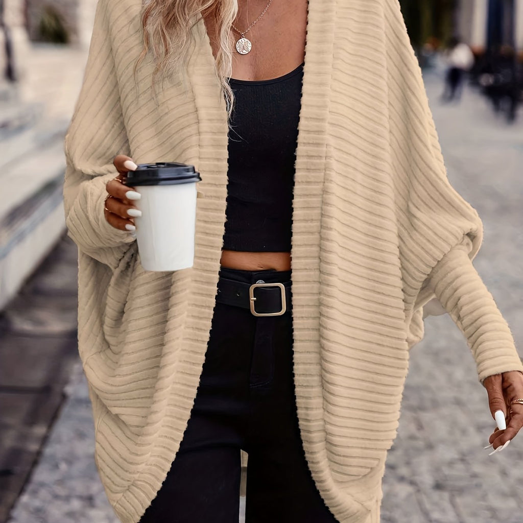 Cardigan Open-Front Ribbed Knit Women's Batwing Sleeve – Casual, Office, Everyday Layering