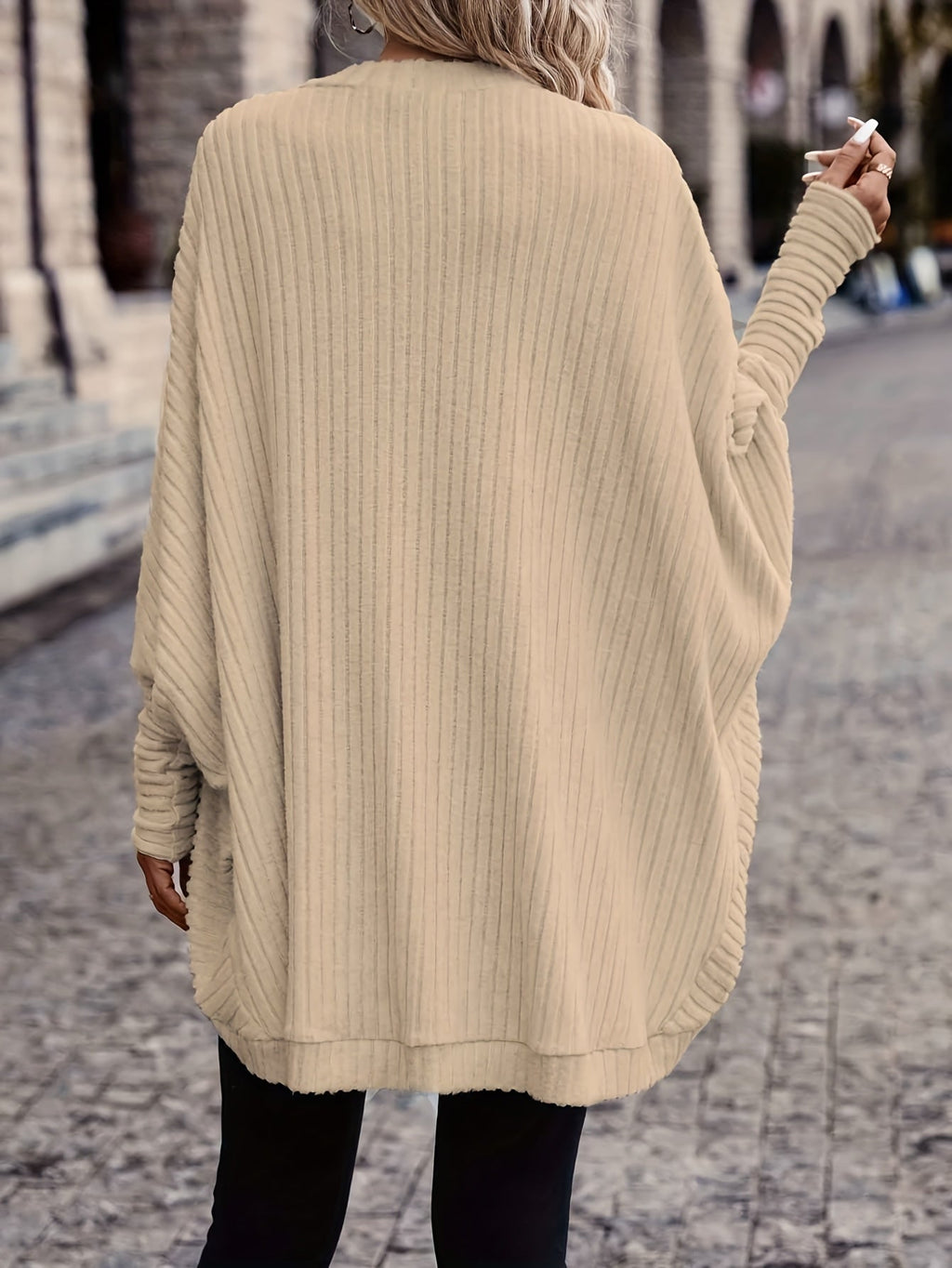 Cardigan Open-Front Ribbed Knit Women's Batwing Sleeve – Casual, Office, Everyday Layering
