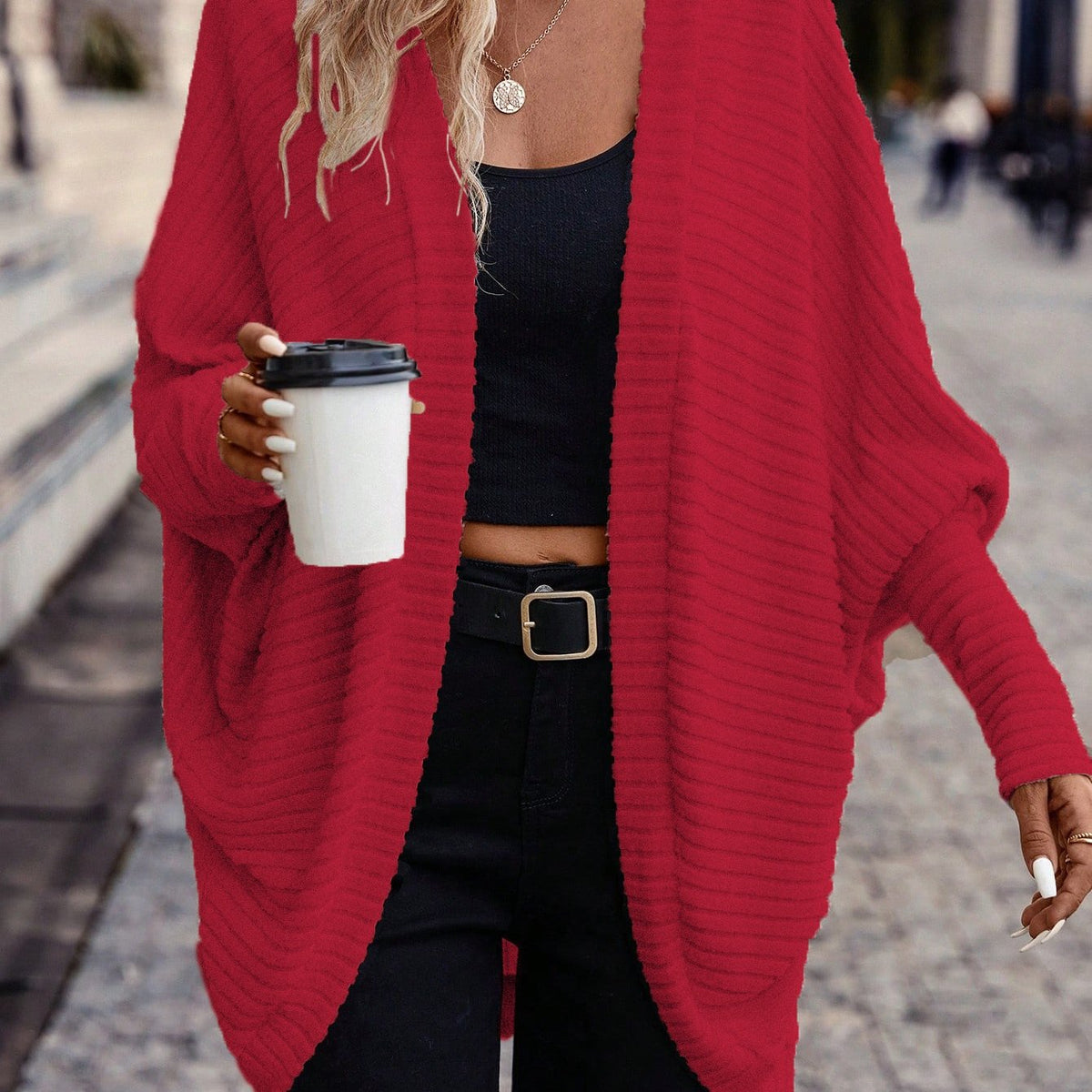 Cardigan Open-Front Ribbed Knit Women's Batwing Sleeve – Casual, Office, Everyday Layering