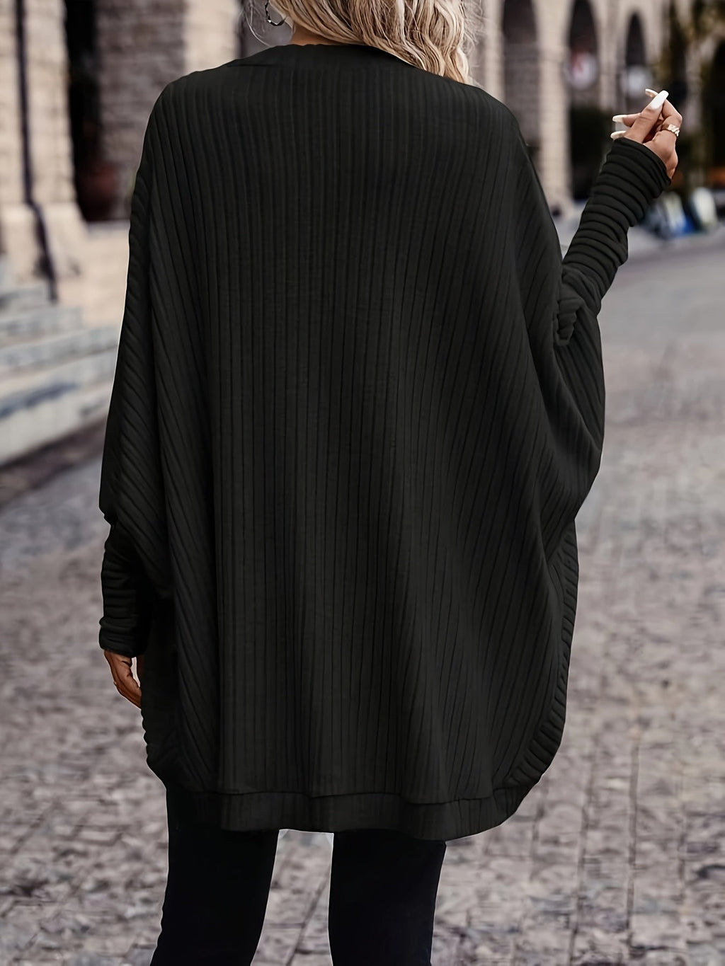 Cardigan Open-Front Ribbed Knit Women's Batwing Sleeve – Casual, Office, Everyday Layering