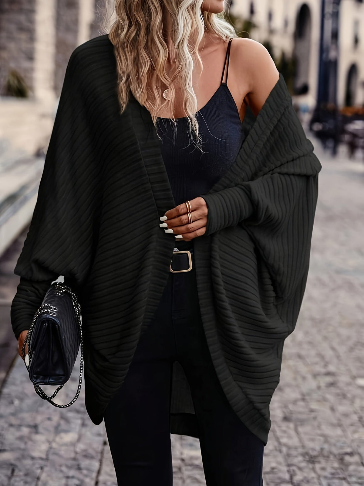 Cardigan Open-Front Ribbed Knit Women's Batwing Sleeve – Casual, Office, Everyday Layering