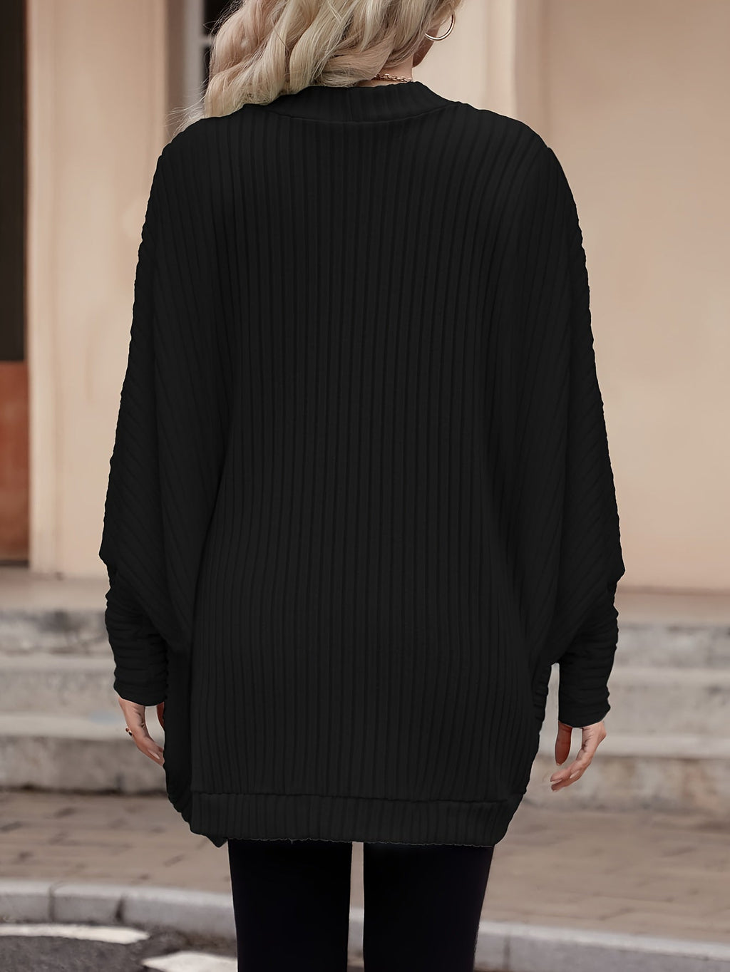 Cardigan Open-Front Ribbed Knit Women's Batwing Sleeve – Casual, Office, Everyday Layering