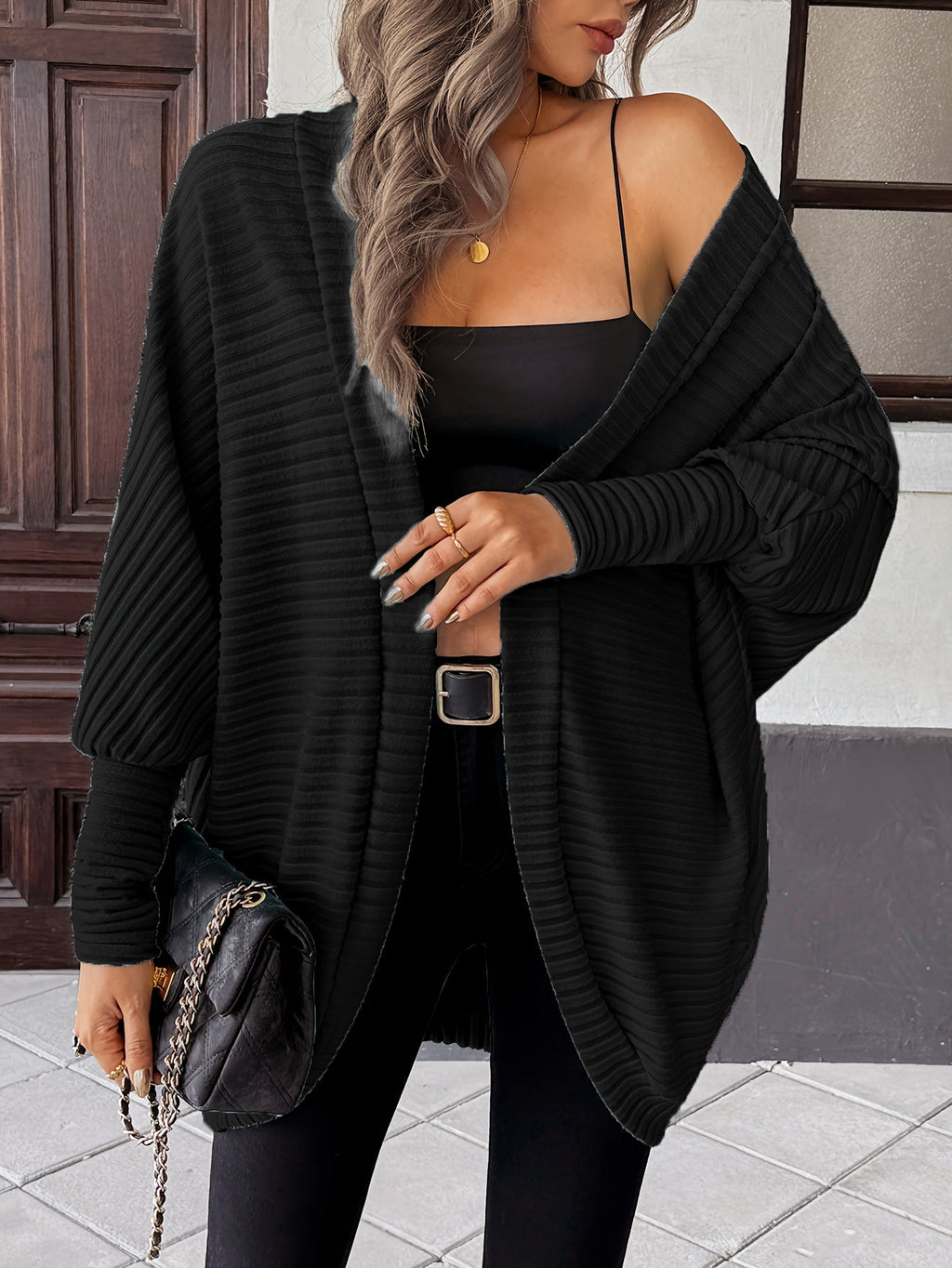 Cardigan Open-Front Ribbed Knit Women's Batwing Sleeve – Casual, Office, Everyday Layering