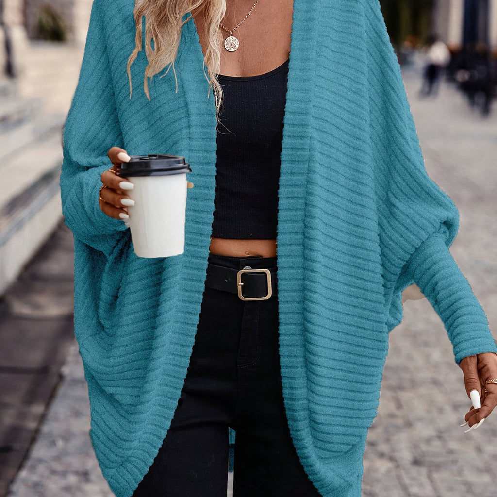 Cardigan Open-Front Ribbed Knit Women's Batwing Sleeve – Casual, Office, Everyday Layering