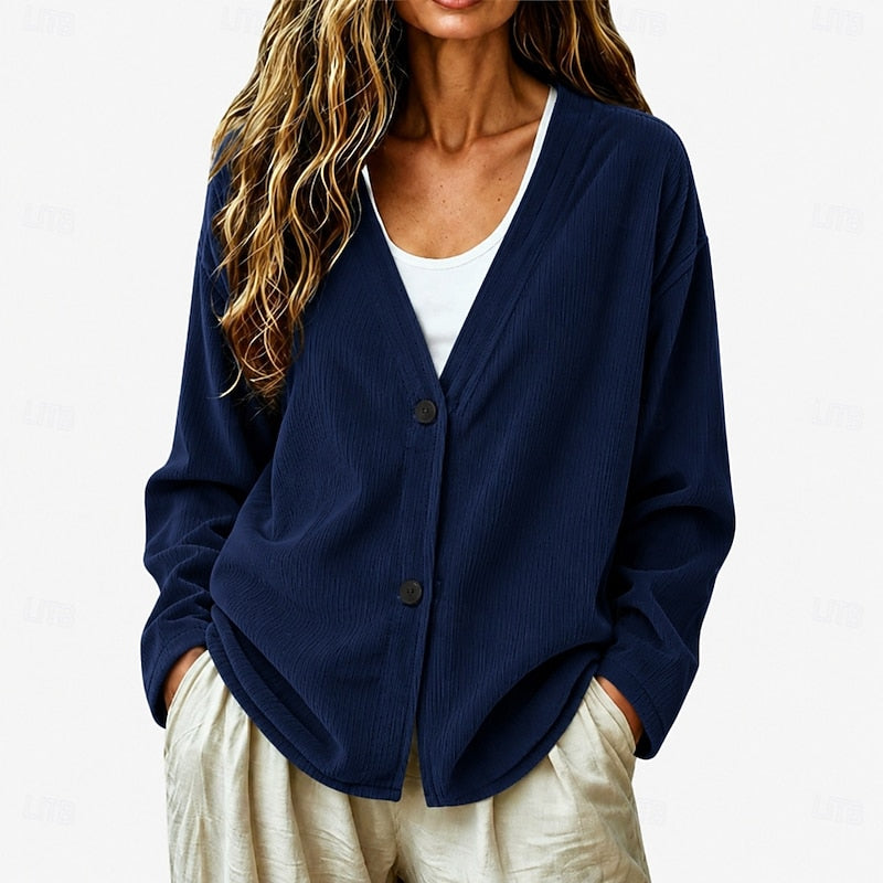 Cardigan Ribbed Knit V-Neck Button-Up Women's Light Blue – Casual, Office, Layering, Gift