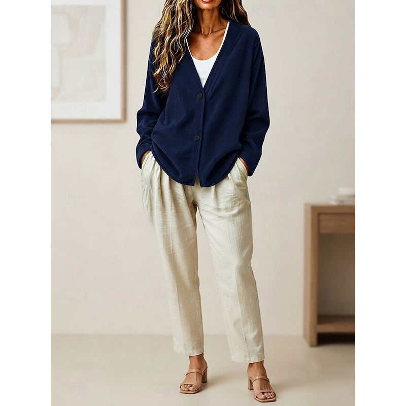 Cardigan Ribbed Knit V-Neck Button-Up Women's Light Blue – Casual, Office, Layering, Gift