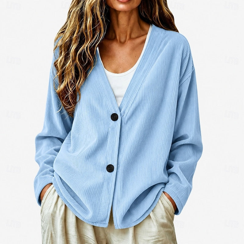 Cardigan Ribbed Knit V-Neck Button-Up Women's Light Blue – Casual, Office, Layering, Gift