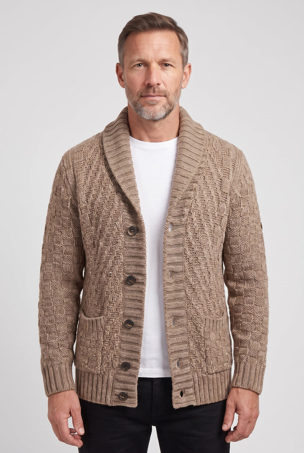 Cardigan Shawl Collar Cable Knit Brown Men's Button-Up – Casual, Office, Holiday, Gift