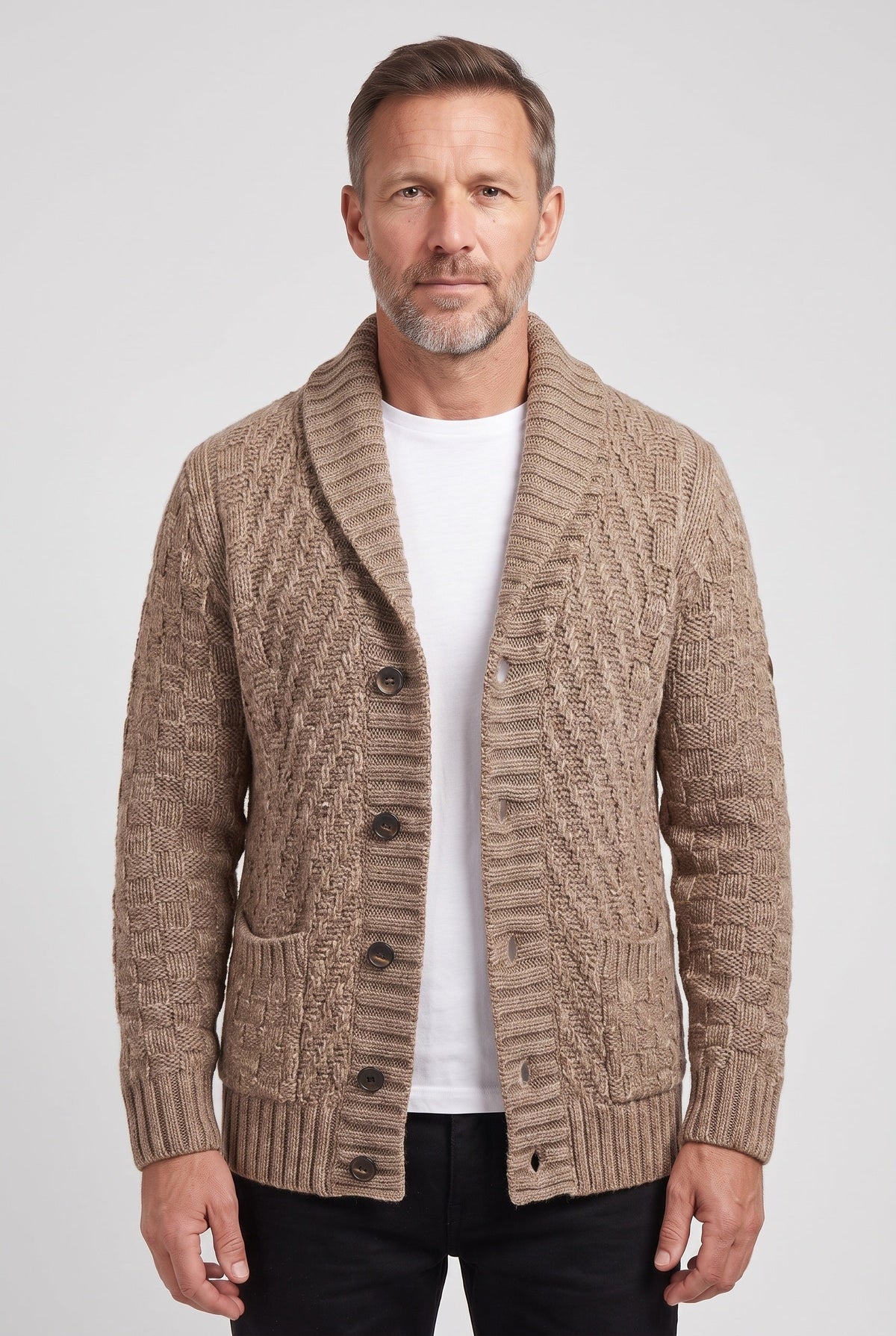 Cardigan Shawl Collar Cable Knit Brown Men's Button-Up – Casual, Office, Holiday, Gift