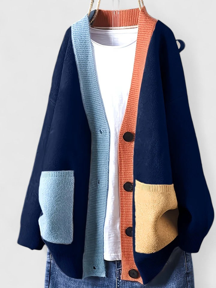 Cardigan Women's Navy Colour Block Button-Up V-Neck – Casual, Office · Werune
