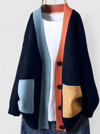 Cardigan Women's Navy Colour Block Button-Up V-Neck – Casual, Office · Werune